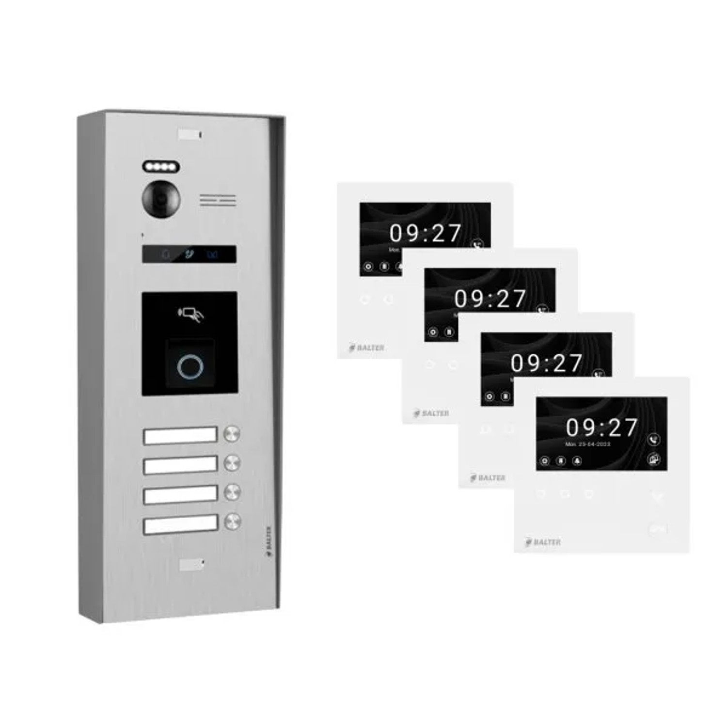 Balter Evo-HD-Mini Aufputz Video Türsprechanlage mit Fingerprint für 4-Familienhaus mit 4x 4,3 Zoll Monitor Silber