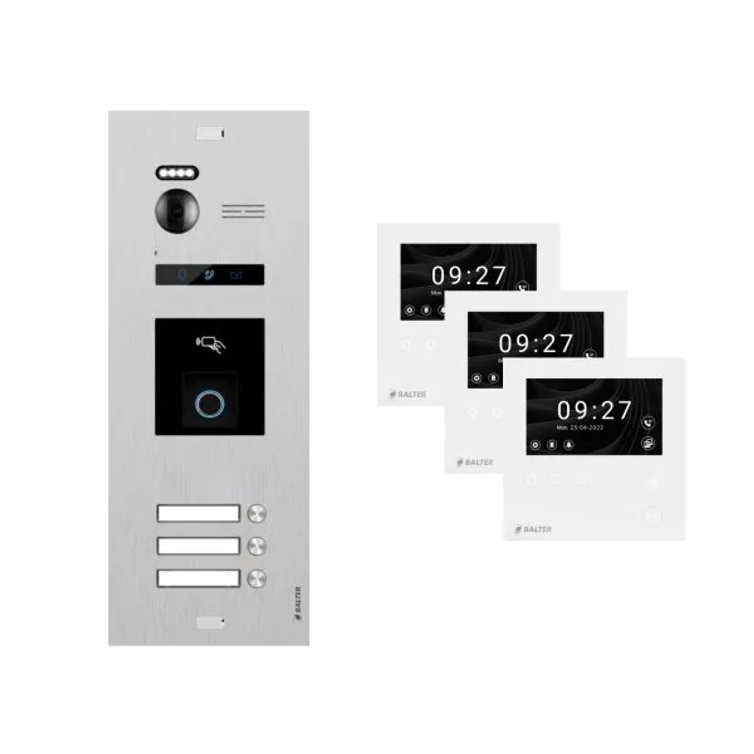 Balter Evo-HD-Mini Video Türsprechanlage mit Fingerprint Komplettset für 3-Familienhaus mit 3x 4,3 Zoll Monitor Silber