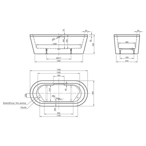OTTOFOND Badewanne »Flora«, BxHxL: 80 x 44 x 180 cm, oval - weiss