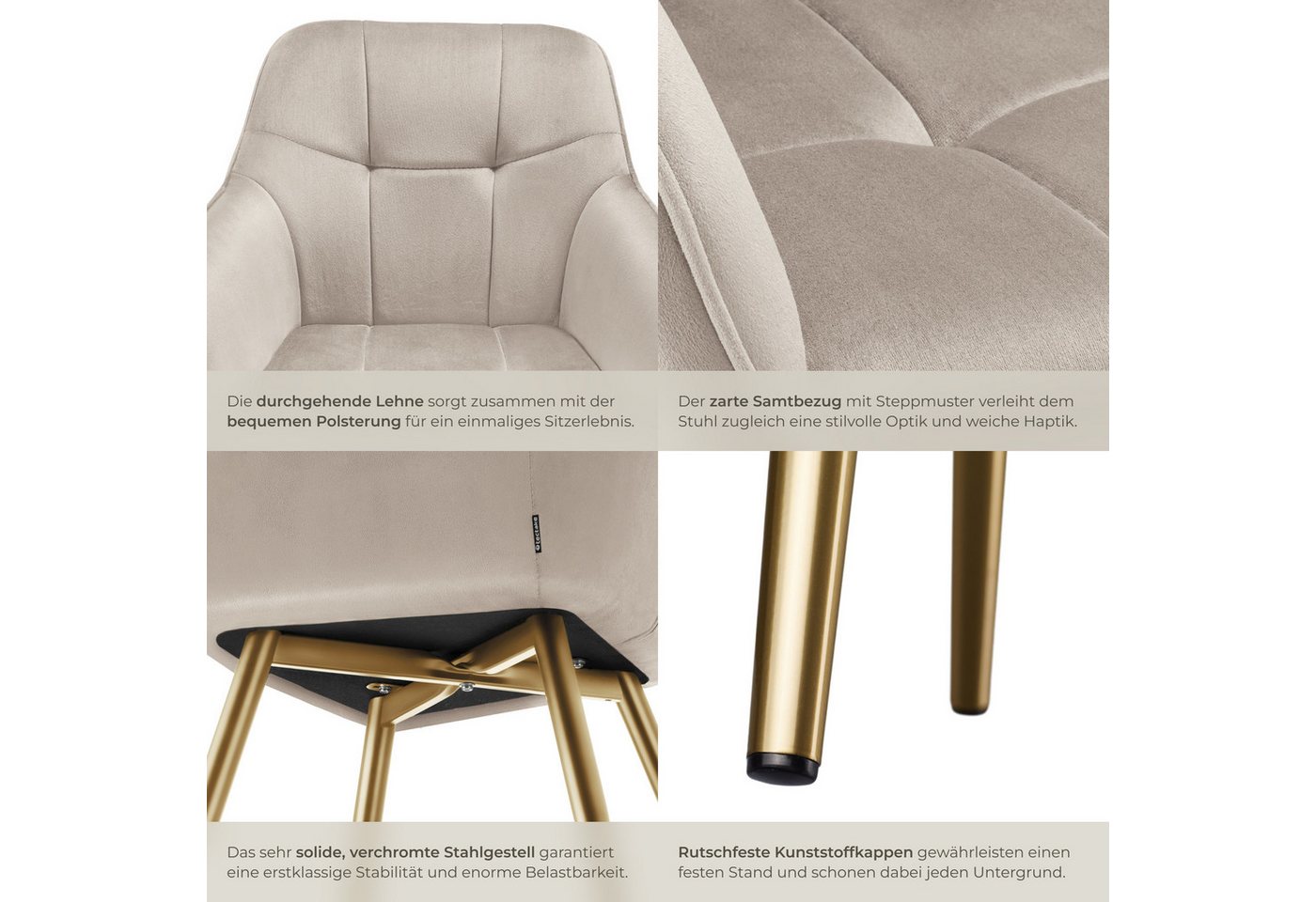 Tectake Esszimmerstuhl Marilyn Gepolstert In Samtoptik Gesteppt Durchgehende Lehne 4Er Set 62 x 58 x 82 cm Taupe Gold