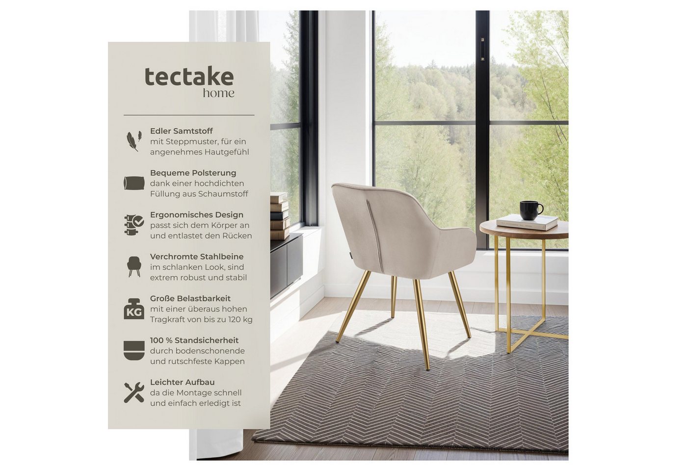 Tectake Esszimmerstuhl Marilyn Gepolstert In Samtoptik Gesteppt Durchgehende Lehne 4Er Set 62 x 58 x 82 cm Taupe Gold Bild 2