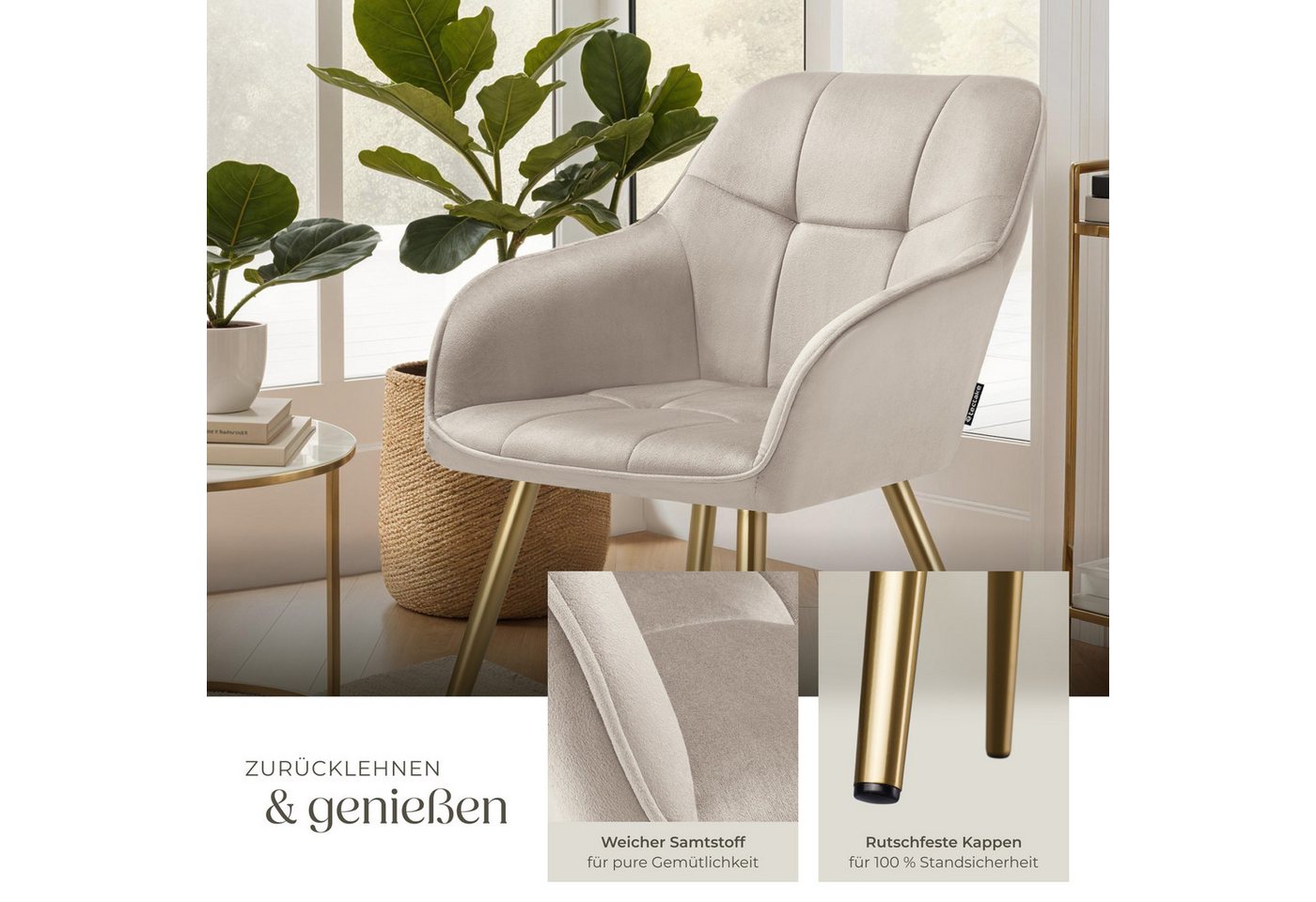 Tectake Esszimmerstuhl Marilyn Gepolstert In Samtoptik Gesteppt Durchgehende Lehne 4Er Set 62 x 58 x 82 cm Taupe Gold Bild 3