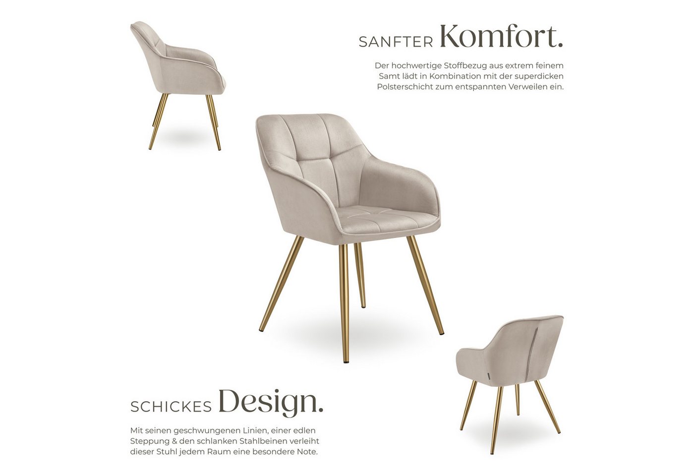 Tectake Esszimmerstuhl Marilyn Gepolstert In Samtoptik Gesteppt Durchgehende Lehne 4Er Set 62 x 58 x 82 cm Taupe Gold Bild 4