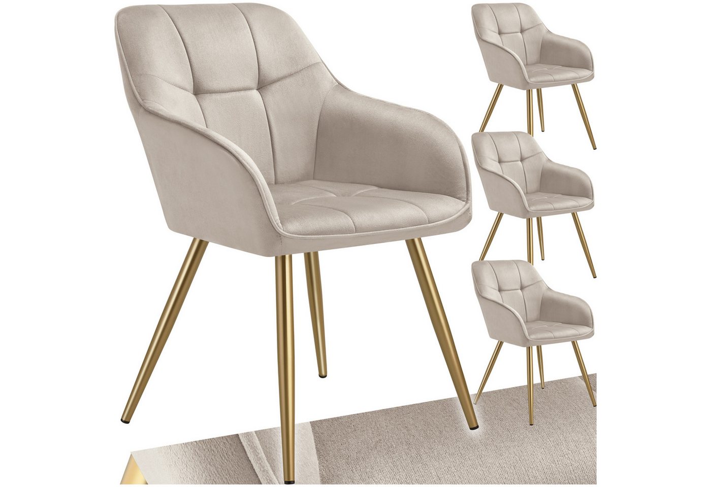 Tectake Esszimmerstuhl Marilyn Gepolstert In Samtoptik Gesteppt Durchgehende Lehne 4Er Set 62 x 58 x 82 cm Taupe Gold Bild 5