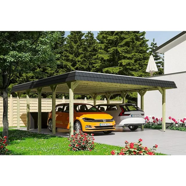 SKANHOLZ Carport »Spreewald«, BxT: 585 x 741 cm, Firsthöhe: 250 cm, imprägniert - braun
