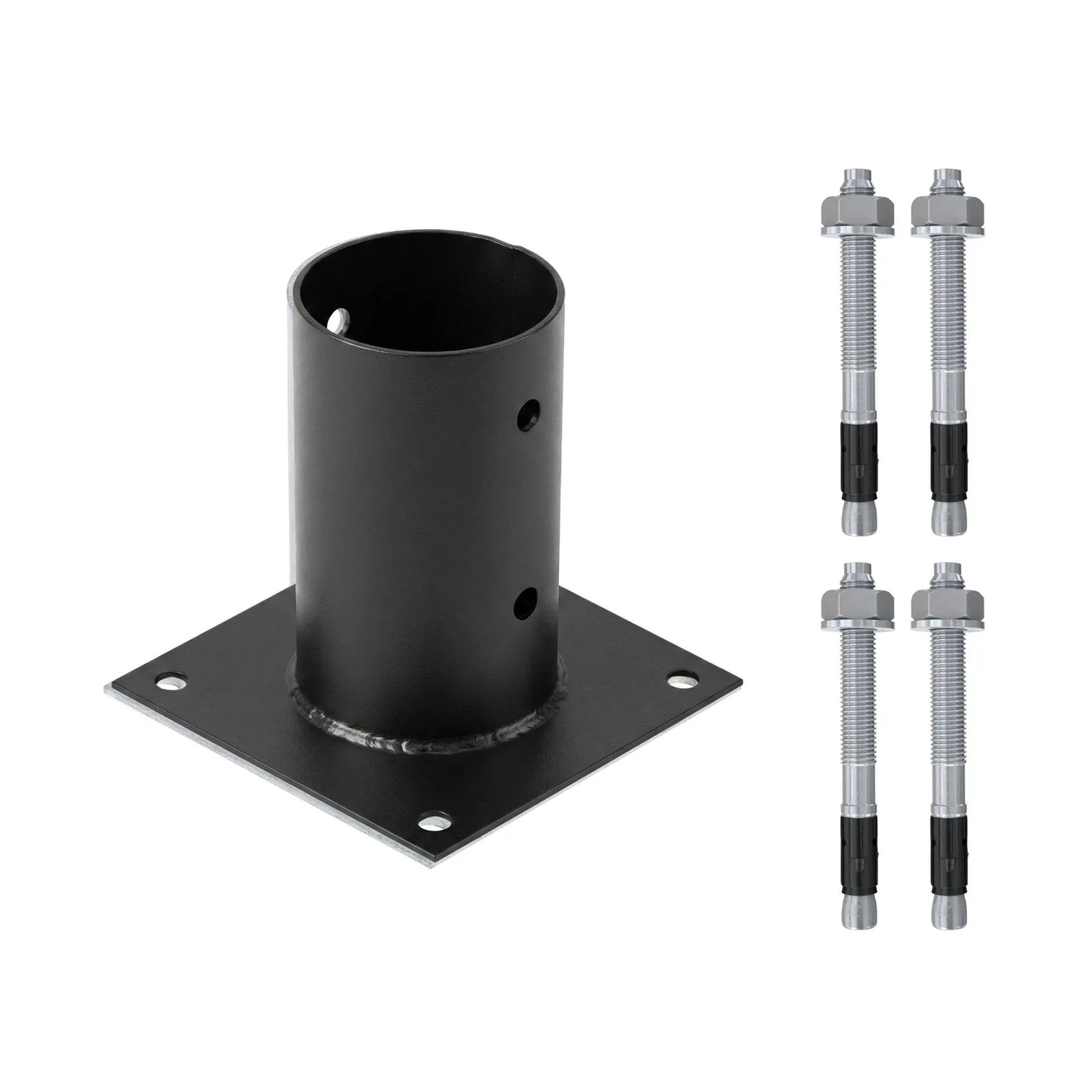 HOLLMAX 1 Stk. Aufschraubhülse/Pfostenträger 80 mm inkl. Schwerlastanker 10 x 100 mm Pulverbeschichtet Schwarz für Rundholzpfosten