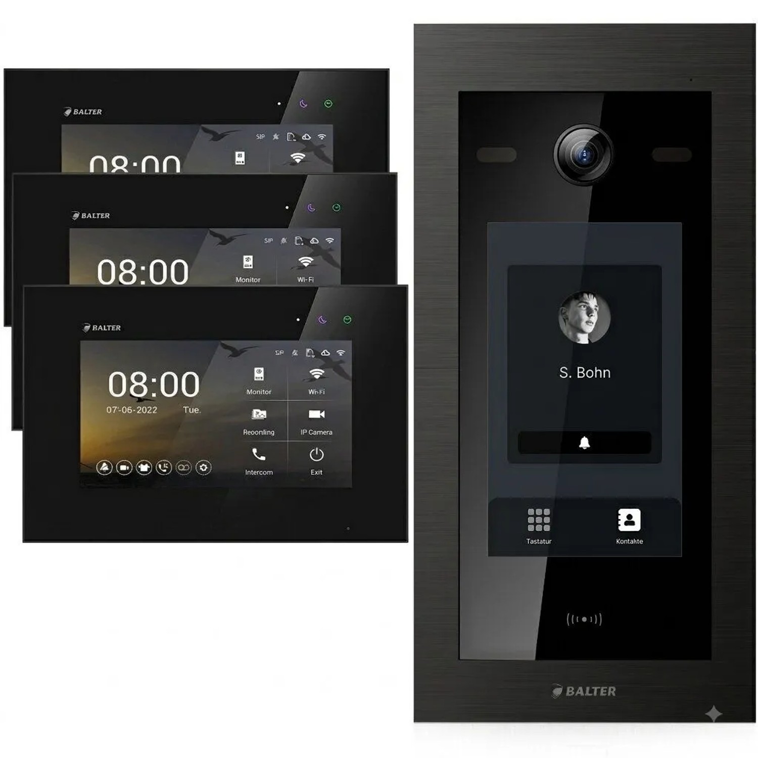Balter EVO HD Touch Video-Türsprechanlage mit Touchscreen und RFID für Einfamilienhaus mit 3x 7 Zoll Monitor Schwarz