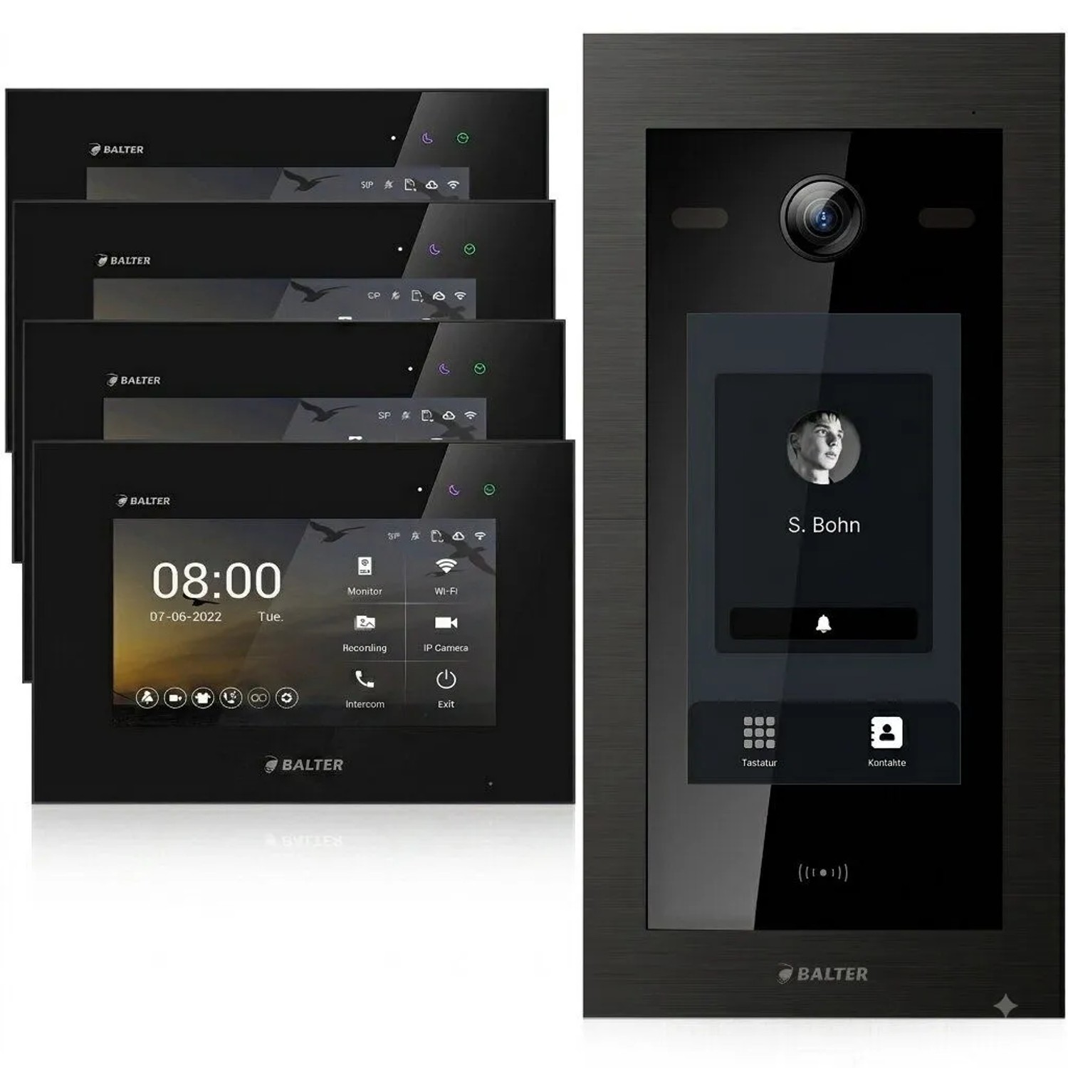 Balter EVO HD Touch Video-Türsprechanlage mit Touchscreen und RFID für Einfamilienhaus mit 4x 7 Zoll Monitor Schwarz