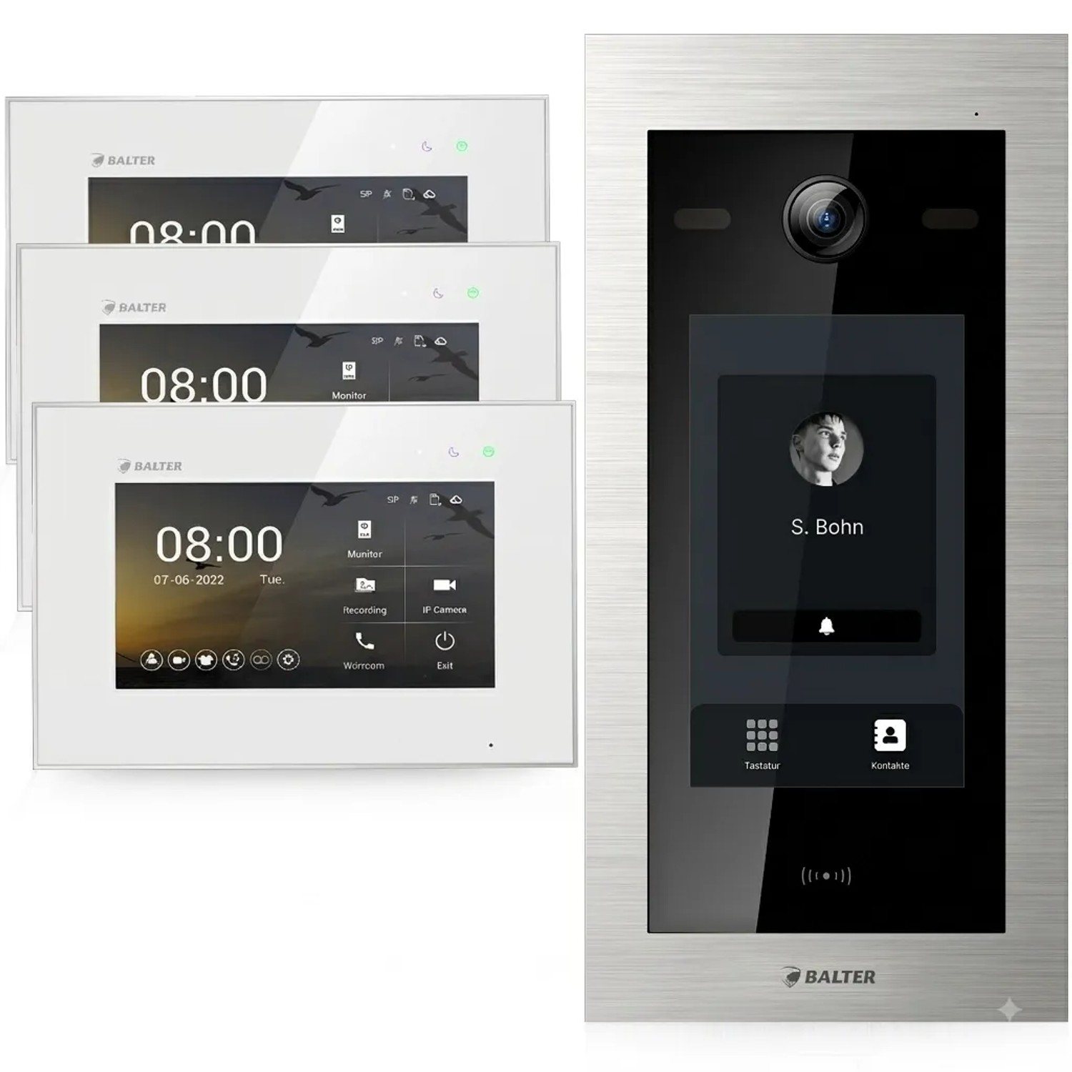 Balter EVO HD Touch Video-Türsprechanlage mit Touchscreen und RFID für Einfamilienhaus mit 3x 7 Zoll Monitor Silber-Weiß