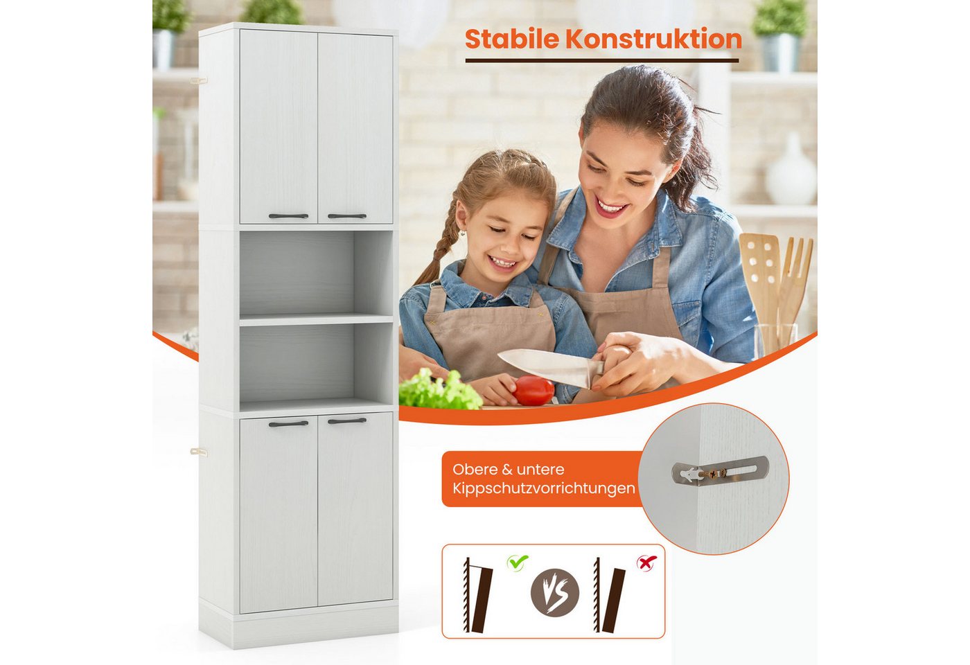 Costway 190 cm Hoher Küchenschrank Vorratsschrank Hochschrank Hellgrau