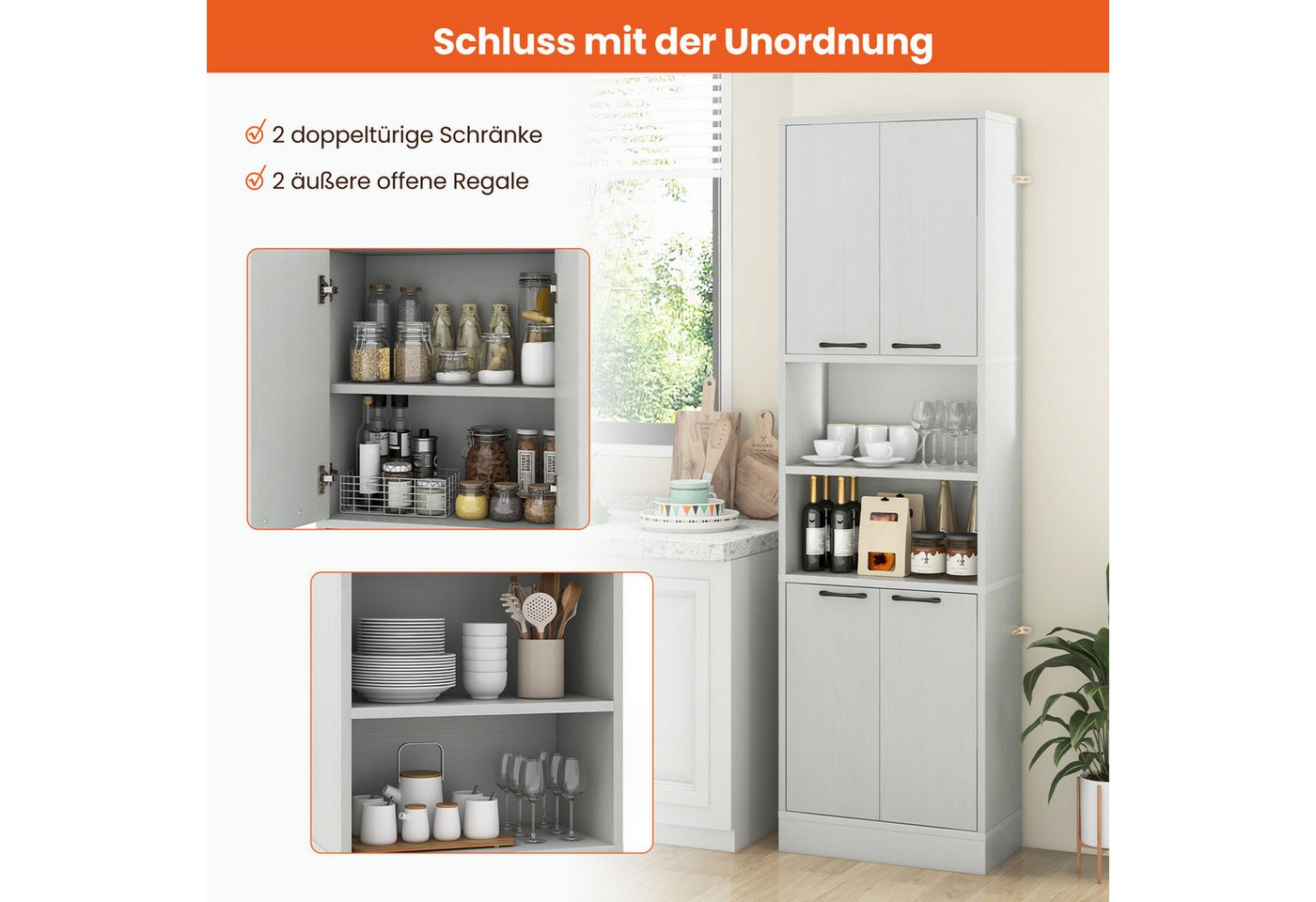 Costway 190 cm Hoher Küchenschrank Vorratsschrank Hochschrank Hellgrau Bild 5