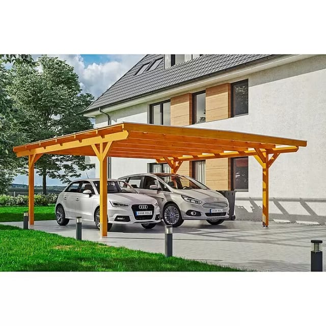 SKANHOLZ Carport »Odenwald«, BxT: 640 x 648 cm, Firsthöhe: 244 cm, lasiert - beige
