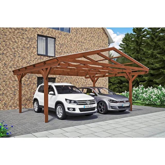 SKANHOLZ Carport »Westerwald«, BxT: 570 x 541 cm, Firsthöhe: 314 cm, lasiert - braun