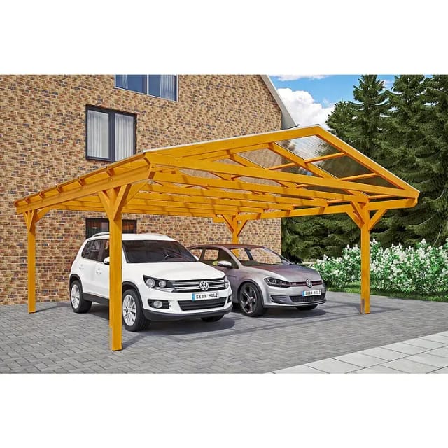 SKANHOLZ Carport »Westerwald«, BxT: 570 x 648 cm, Firsthöhe: 314 cm, lasiert - beige