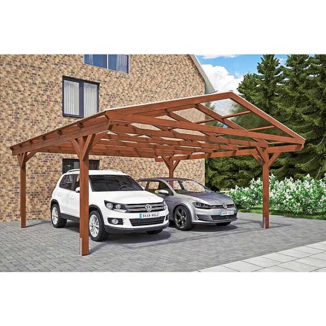 SKANHOLZ Carport »Westerwald«, BxT: 570 x 648 cm, Firsthöhe: 314 cm, lasiert - braun