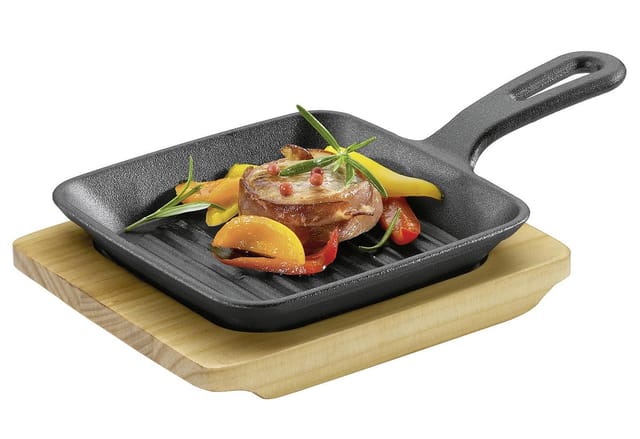 KÜCHENPROF Servierpfanne, quadratisch mit Rillen und Holzplatte