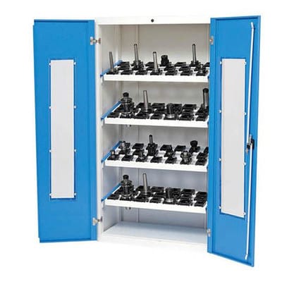 CNC-Vitrinenschrank Tiefe 500, R36-16, 2 x Sichttüre aus Plexiglas, inkl. 4 x CNC-Werkzeugaufnahmerahmen, Maße in mm (B x T x H): 980 x 500 x 1838