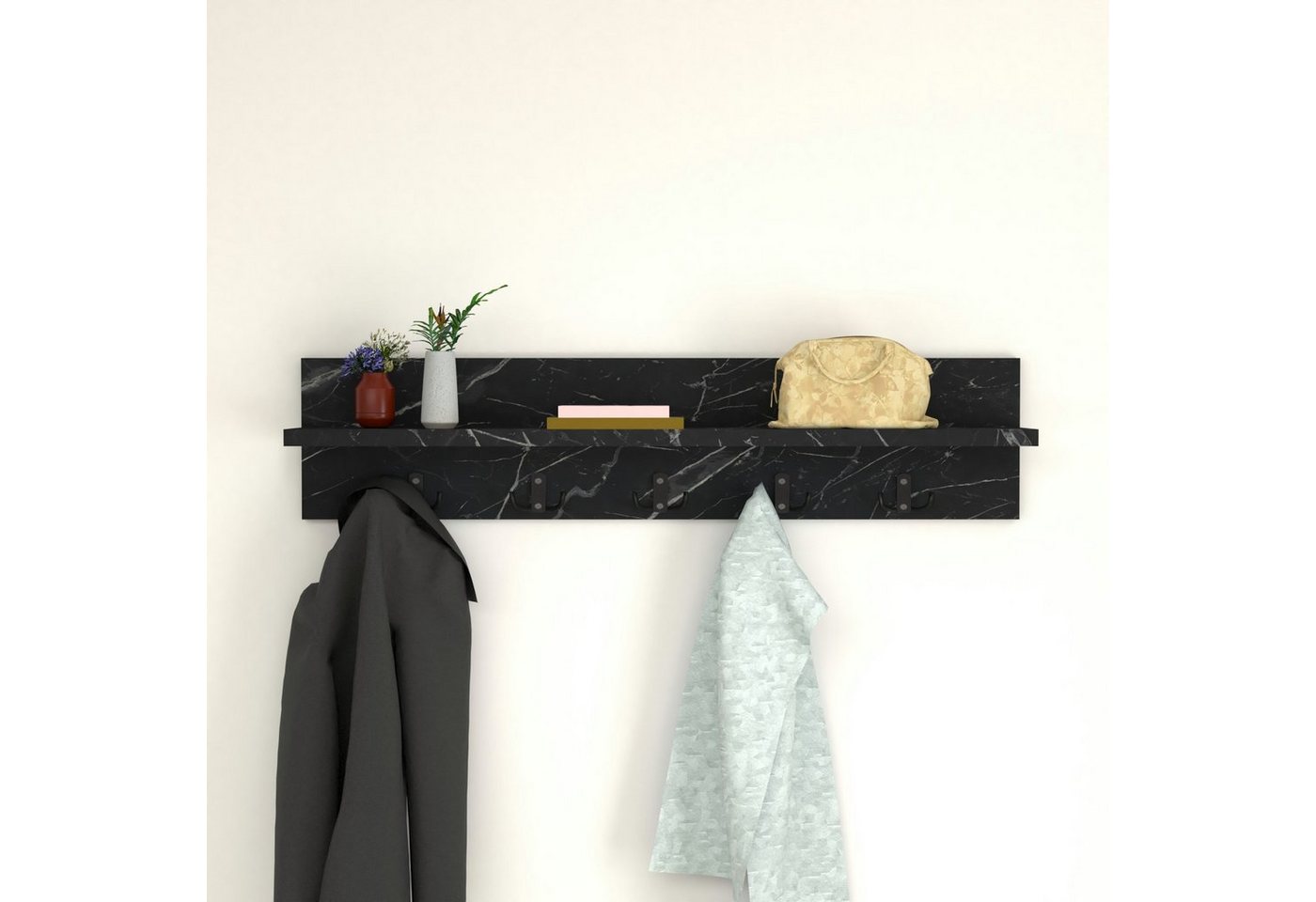 en.casa Wandgarderobe, Hammarö Flurgarderobe mit Ablage und 10 Haken Marmor, schwarz