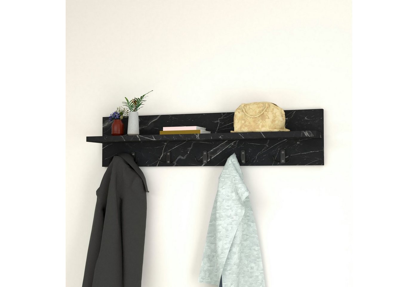 en.casa Wandgarderobe, Hammarö Flurgarderobe mit Ablage und 10 Haken Marmor, schwarz Bild 3
