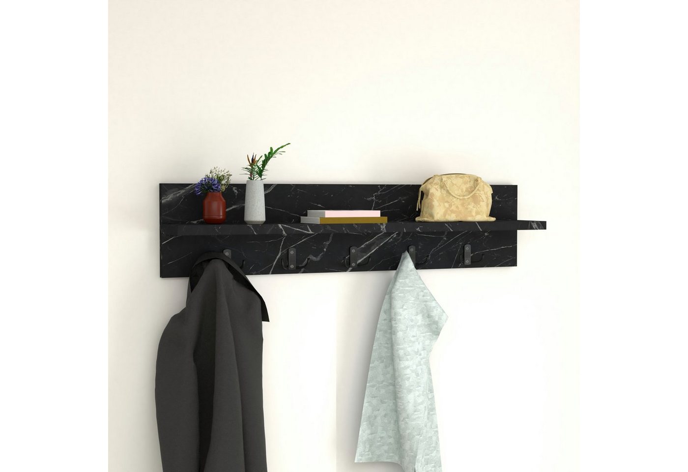 en.casa Wandgarderobe, Hammarö Flurgarderobe mit Ablage und 10 Haken Marmor, schwarz Bild 5