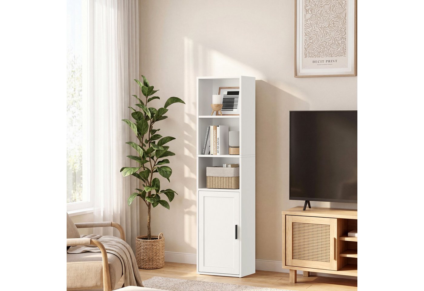 VASAGLE Bücherregal Standregal mit Tür, für Wohnzimmer, Homeoffice, Esszimmer, 5-stöckiges hohes Regal, Standregal mit Tür und offenen Fächern Bild 4