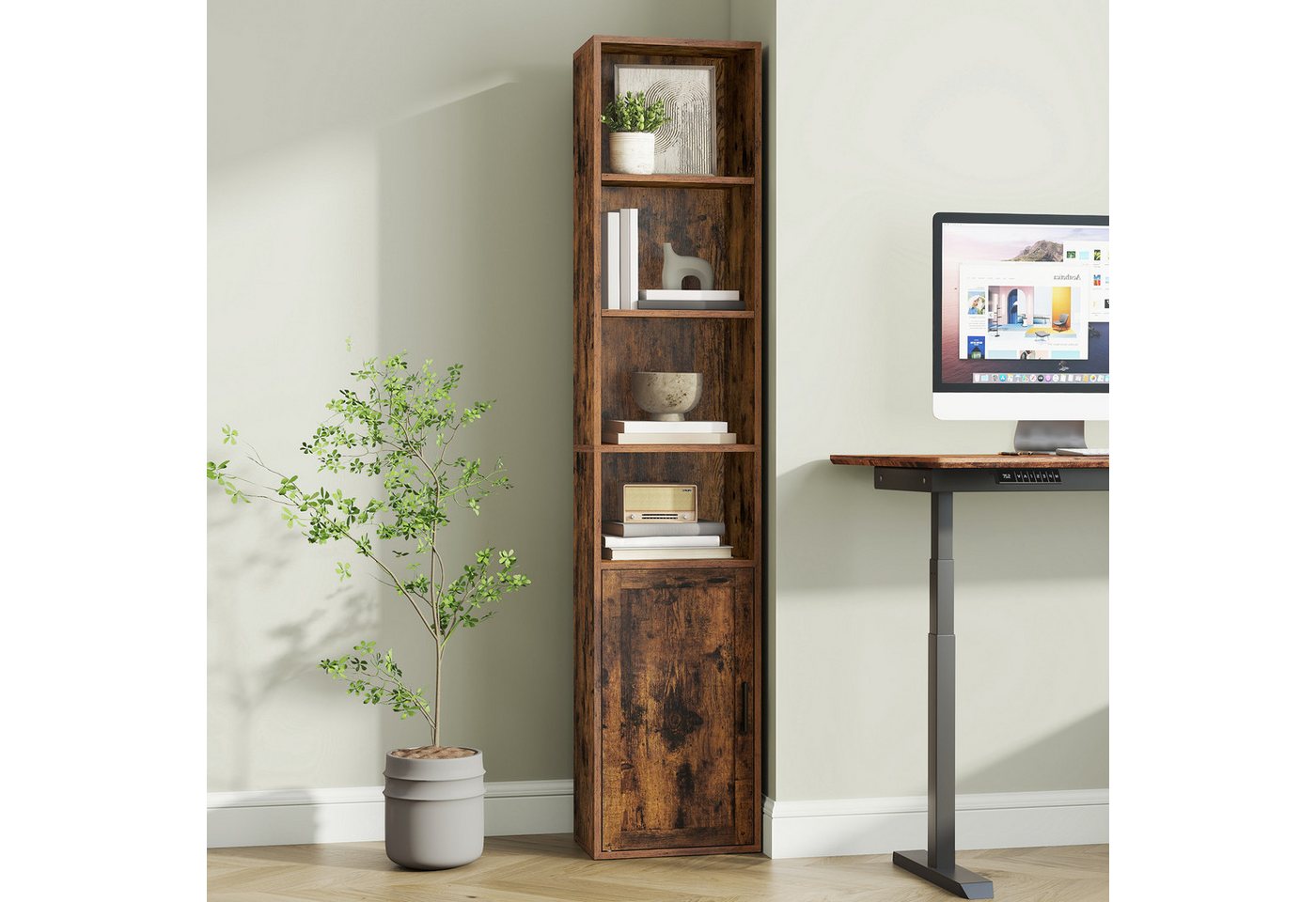 VASAGLE Bücherregal Standregal mit Tür, für Wohnzimmer, Homeoffice, Esszimmer, 6-stöckiges hohes Regal, 24 x 31,8 x 175 cm