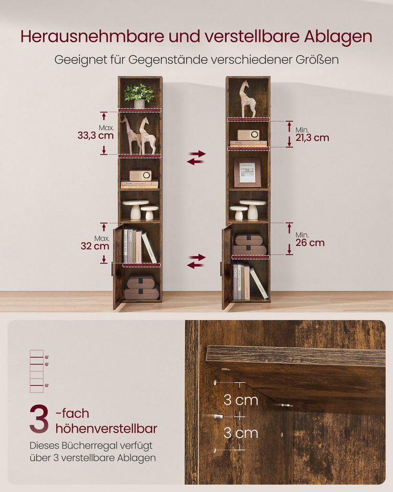 VASAGLE Bücherregal Standregal mit Tür, für Wohnzimmer, Homeoffice, Esszimmer, 6-stöckiges hohes Regal, 24 x 31,8 x 175 cm Bild 4