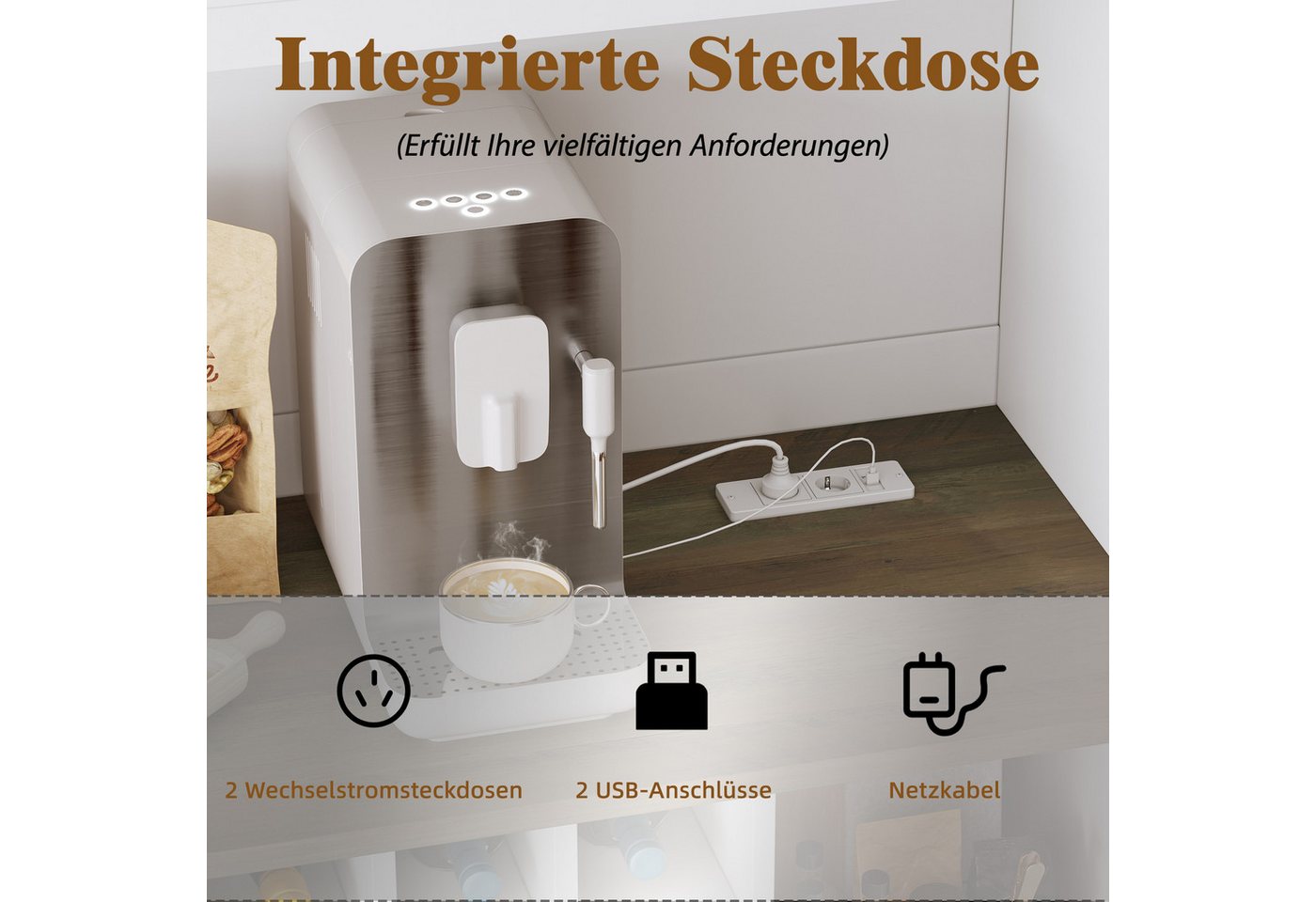 i@home Küchenbuffet Küchenhochschrank mit LED-Beleuchtung & Steckdose 6 Türen + 2 Schubladen + Weinregal, 120x36,3x180 cm, Weiß