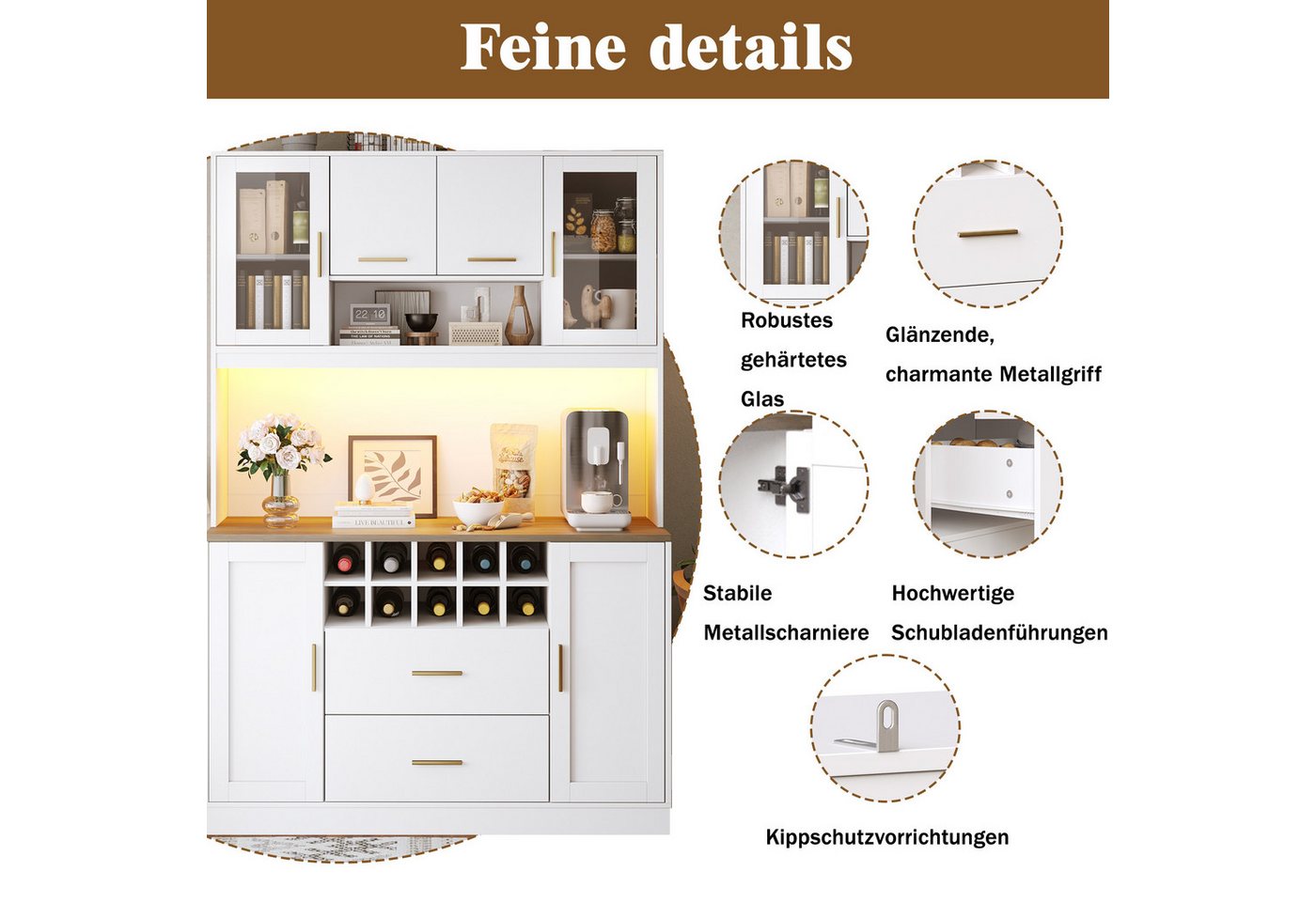 i@home Küchenbuffet Küchenhochschrank mit LED-Beleuchtung & Steckdose 6 Türen + 2 Schubladen + Weinregal, 120x36,3x180 cm, Weiß Bild 2