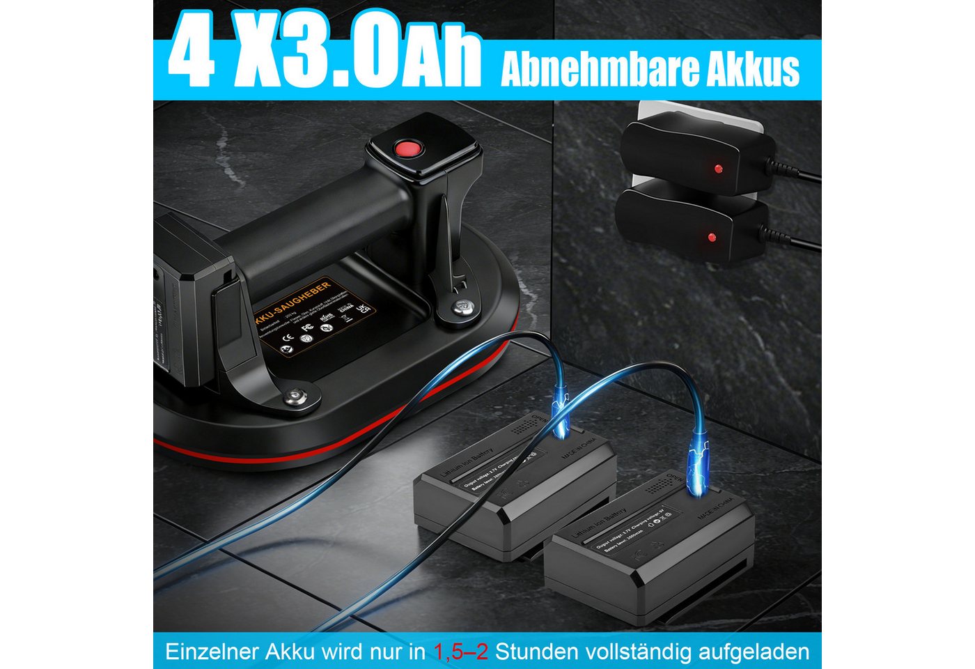 XIIW Saugheber 2X 24cm Elektrischer Fliesenheber Fliesen Marmor Akku LCD Plattenhebe, max. 260 kg Traglast, Auto-Nachsauge, 4X 3000mAh Akku, -], LCD Anzeige