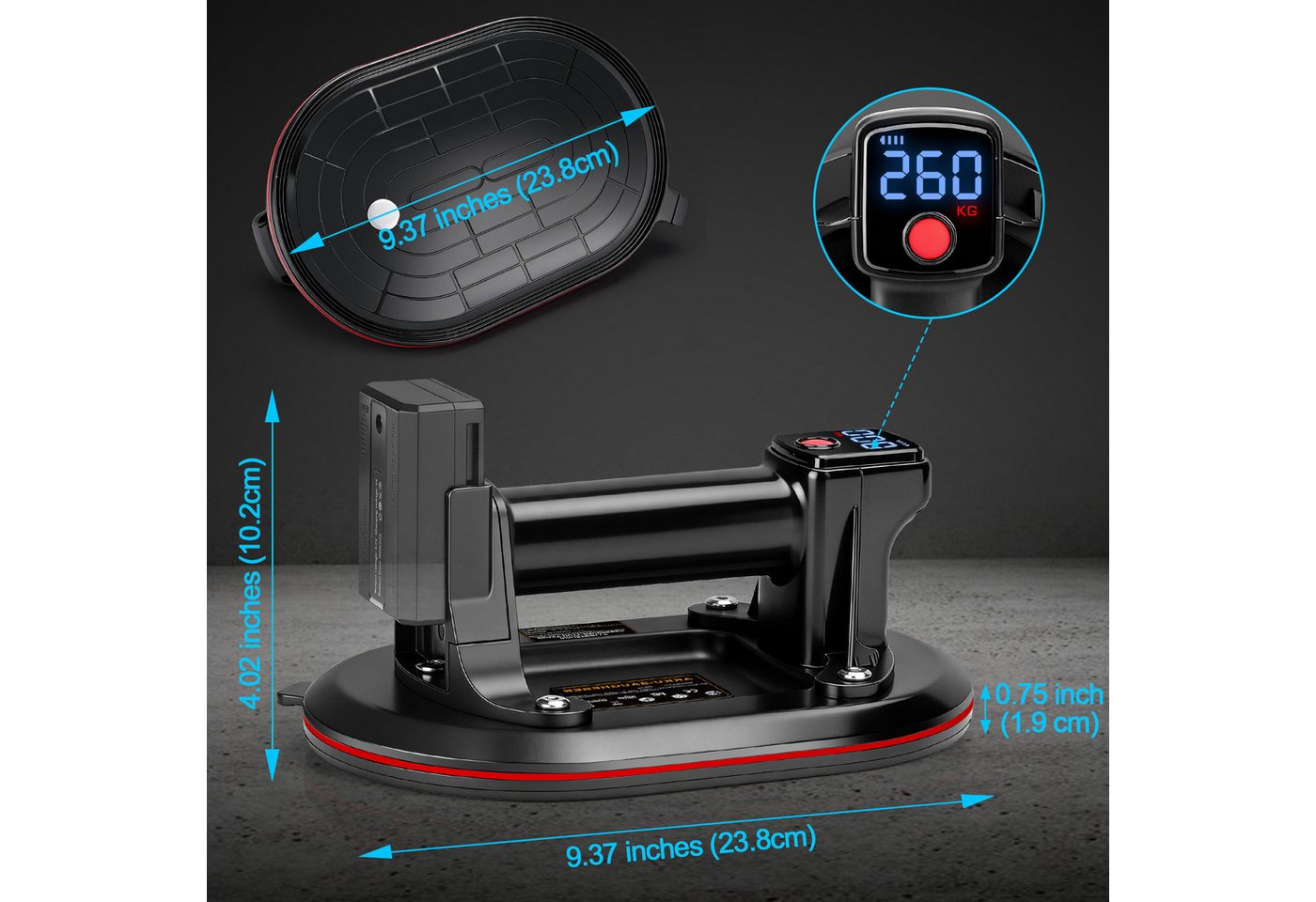 XIIW Saugheber 2X 24cm Elektrischer Fliesenheber Fliesen Marmor Akku LCD Plattenhebe, max. 260 kg Traglast, Auto-Nachsauge, 4X 3000mAh Akku, -], LCD Anzeige Bild 2