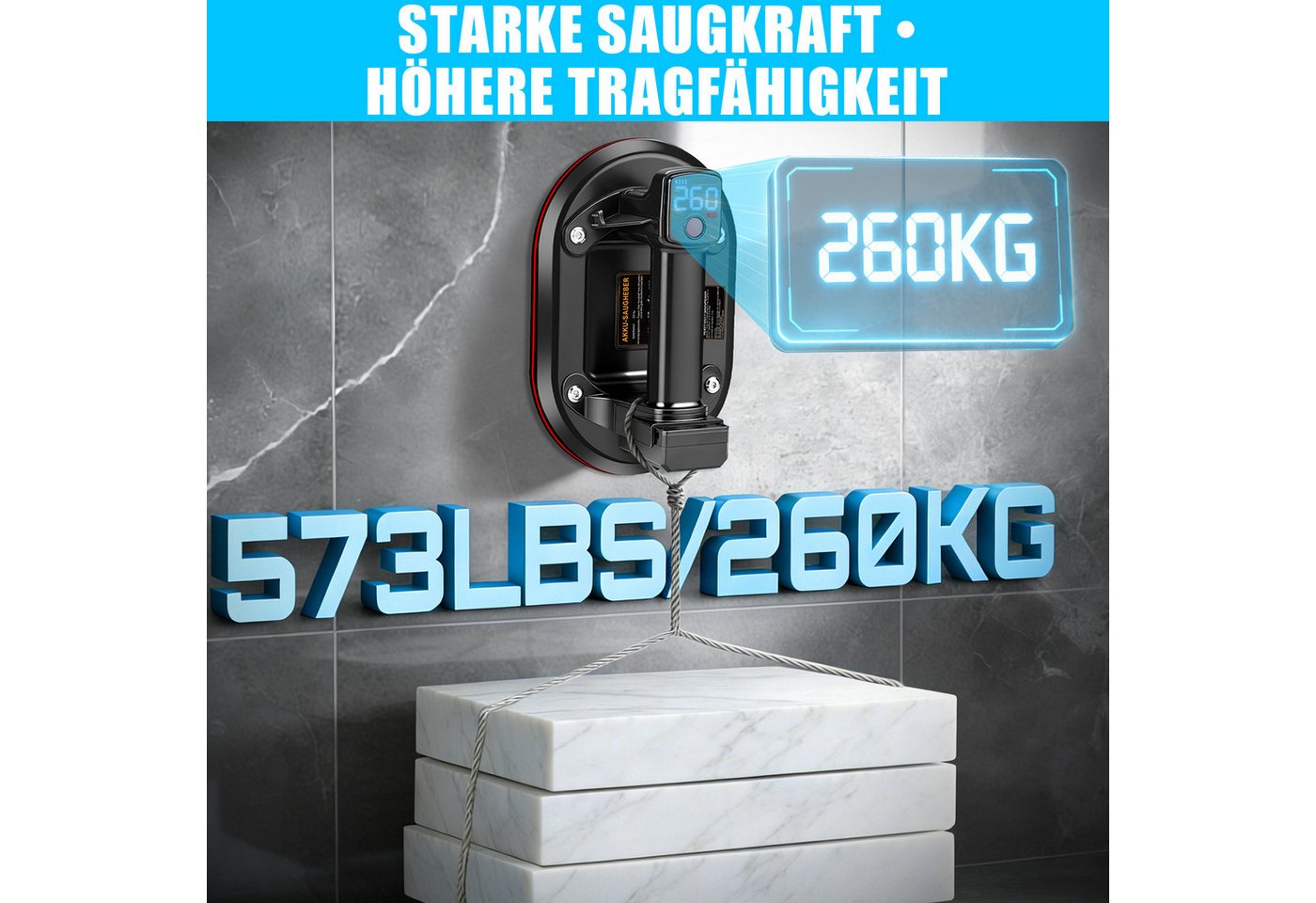 XIIW Saugheber 2X 24cm Elektrischer Fliesenheber Fliesen Marmor Akku LCD Plattenhebe, max. 260 kg Traglast, Auto-Nachsauge, 4X 3000mAh Akku, -], LCD Anzeige Bild 3