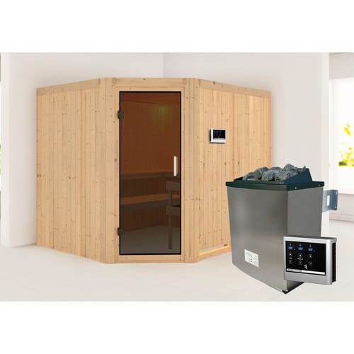 KARIBU Sauna »Haapsalu«, inkl. 9 kW Saunaofen mit externer Steuerung, für 4 Personen - beige