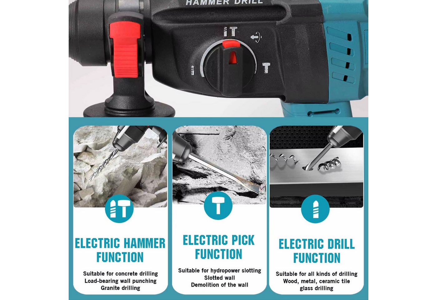 Athlix Akku-Bohrhammer Bürstenlose Akku Schlagbohrer 27MM Plus Elektro-Bohrhammer, max. 1000 U/min, 4.800 Schläge pro Minute, 1.000 U/min, 1 J Schlagenergie Bild 5