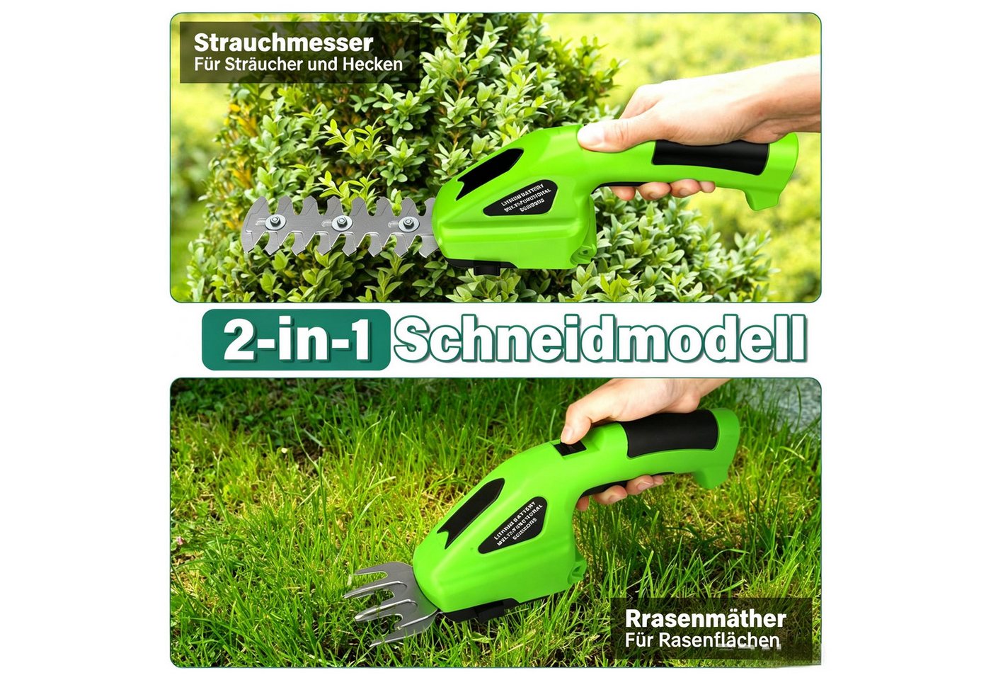 AIBISTAR Akku-Heckenschere Elektrische Heckenschere, 2-in-1, 1100 U/min, 2000mAh, Kabellose, 7,2 V,2000mAh,2-in-1 Funktion (Rasentrimmer & Heckenschere)