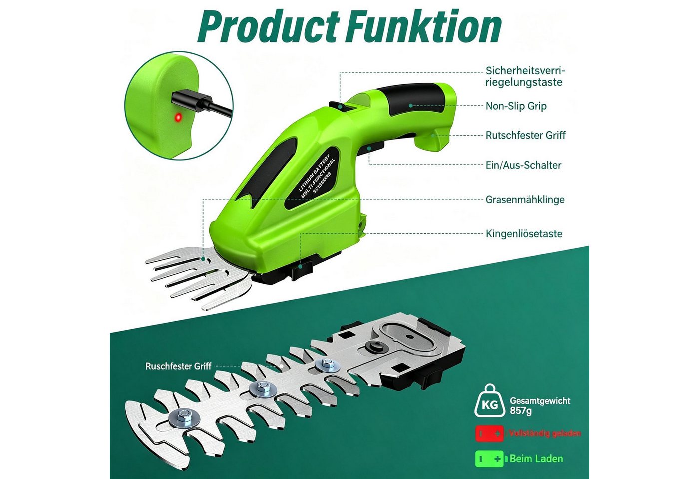 AIBISTAR Akku-Heckenschere Elektrische Heckenschere, 2-in-1, 1100 U/min, 2000mAh, Kabellose, 7,2 V,2000mAh,2-in-1 Funktion (Rasentrimmer & Heckenschere) Bild 3
