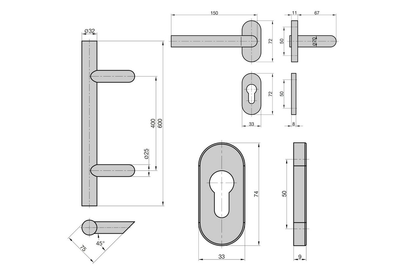 BASI Stoßgriff Stangengriff, Spar-Set, Komplettset, Stoßgriff Länge 600 mm  Abstand/Achsmaß 400 mm, Ø32 mm Bild 2