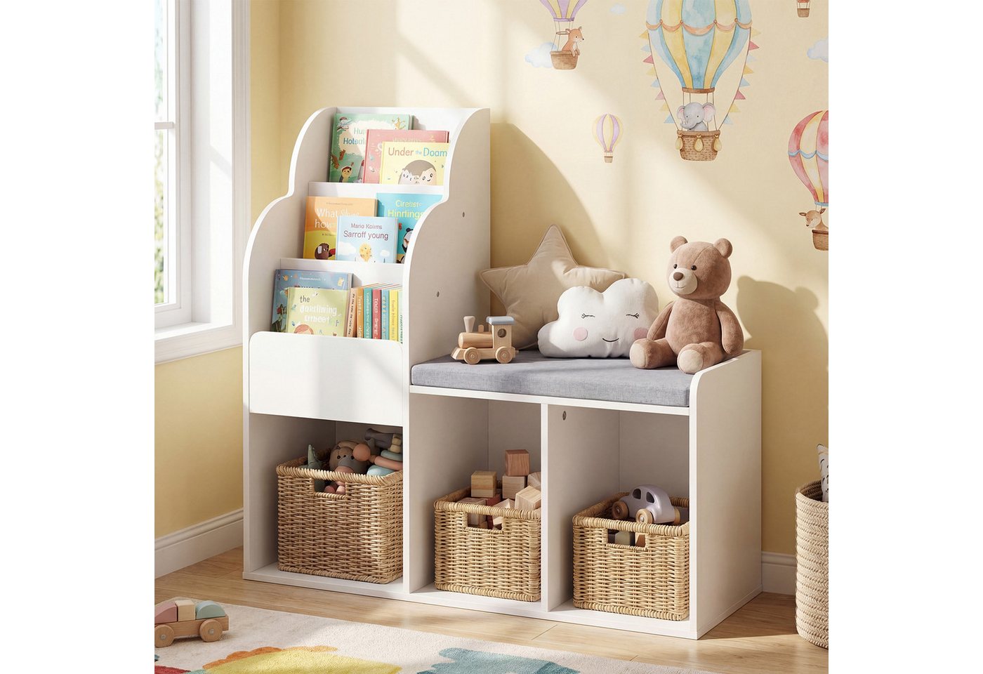 COSTWAY Kinderregal, 3-stufiges Bücherregal mit 3 offenen Ablagen & Sitzbank