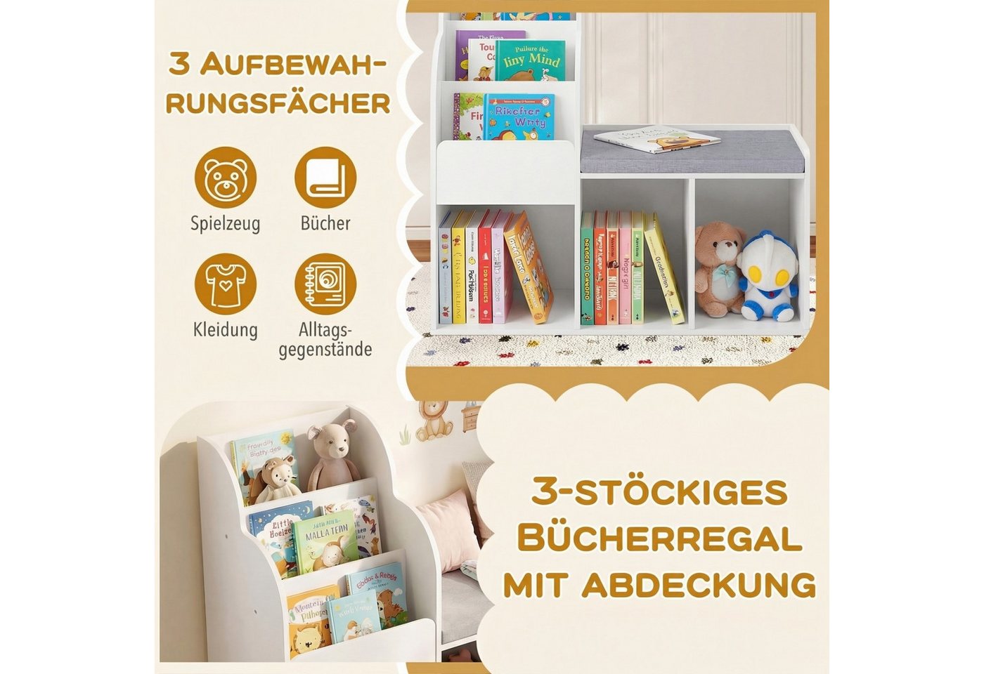 COSTWAY Kinderregal, 3-stufiges Bücherregal mit 3 offenen Ablagen & Sitzbank Bild 2