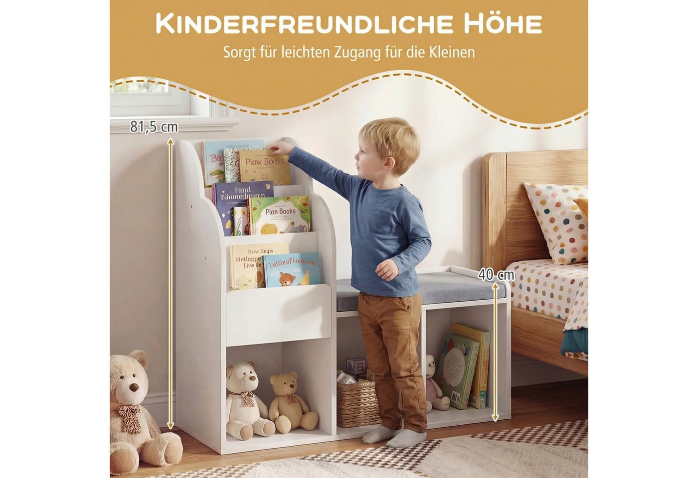 COSTWAY Kinderregal, 3-stufiges Bücherregal mit 3 offenen Ablagen & Sitzbank Bild 3