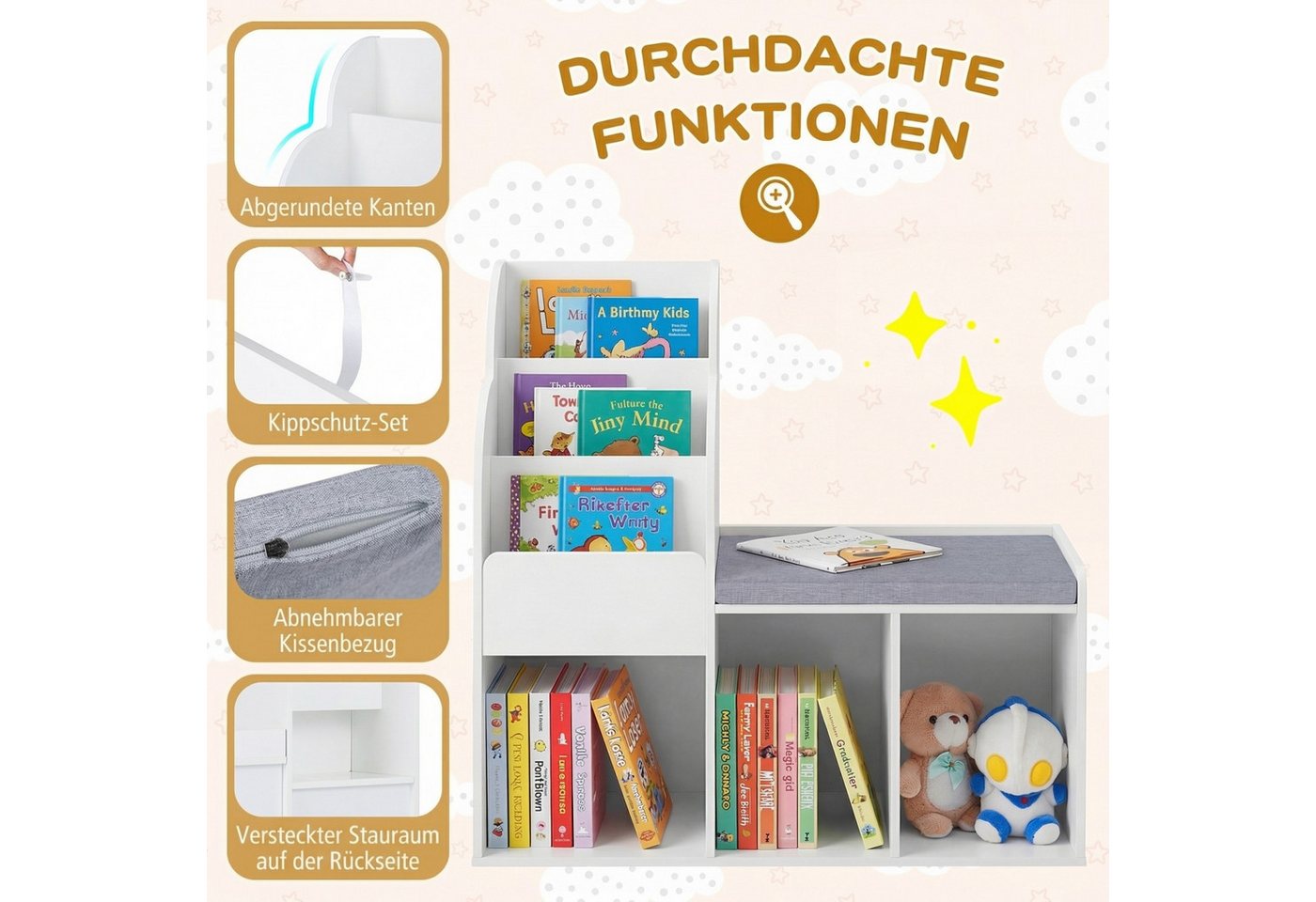 COSTWAY Kinderregal, 3-stufiges Bücherregal mit 3 offenen Ablagen & Sitzbank Bild 4