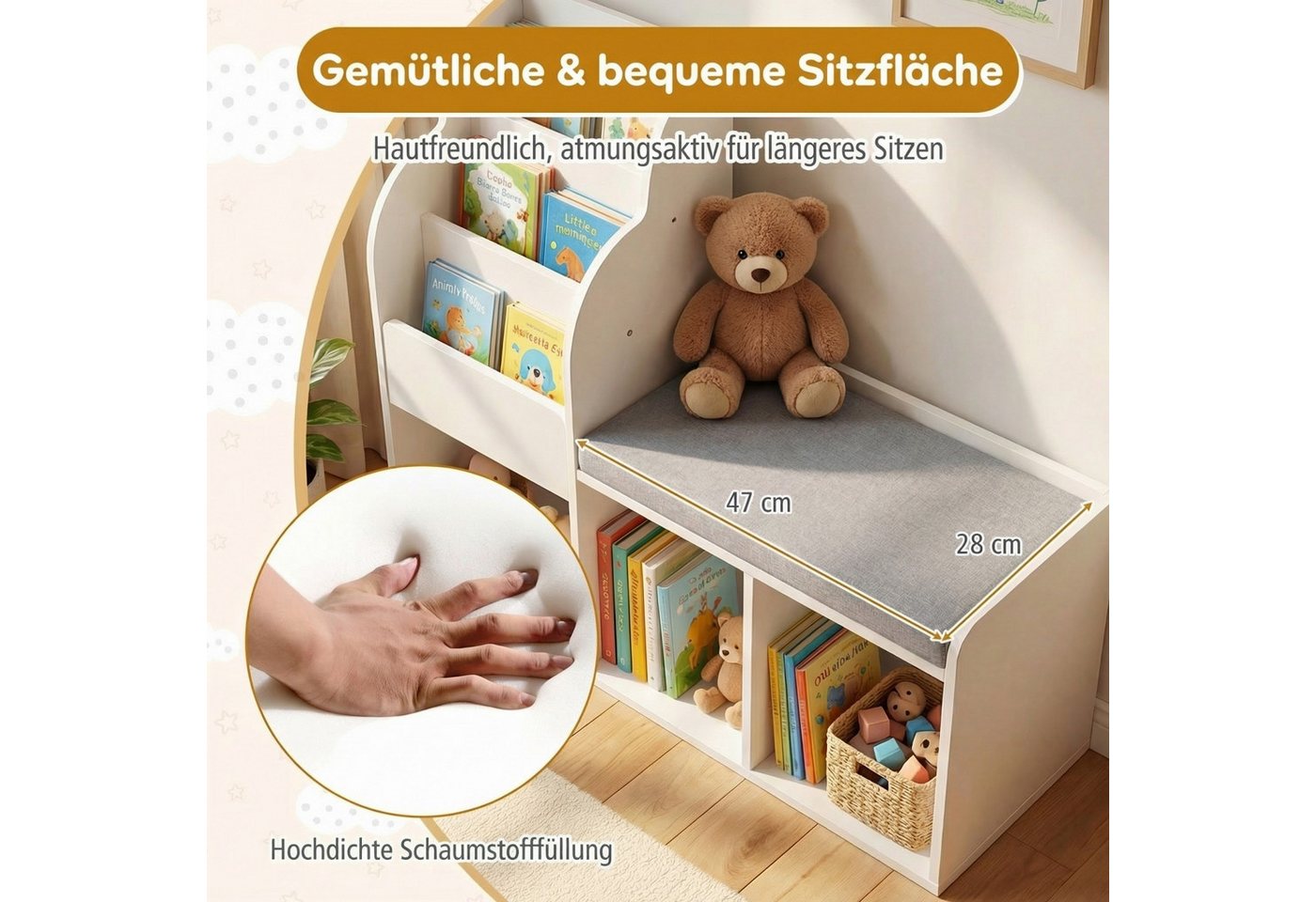 COSTWAY Kinderregal, 3-stufiges Bücherregal mit 3 offenen Ablagen & Sitzbank Bild 5