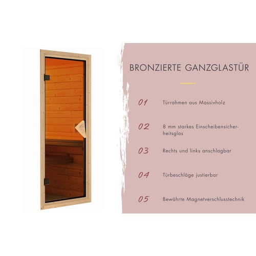 KARIBU Saunatür, 64x173 cm, für Saunen mit 68 mm Wandstärke, Ganzglastür, bronziert - goldfarben