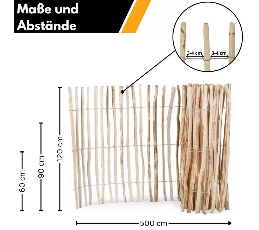 Mega-Holz Staketenzaun "Rolli" (Dicht) - Gartenzaun aus Haselnussholz, Lattenabstand 3-4 cm, LxH: 500x60 cm Bild 4