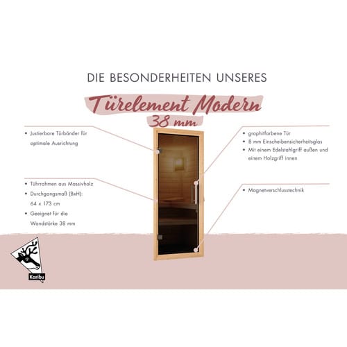 KARIBU Saunatür, 64x173 cm, für Saunen mit 38/40 mm Wandstärke, Ganzglastür, graphit - grau