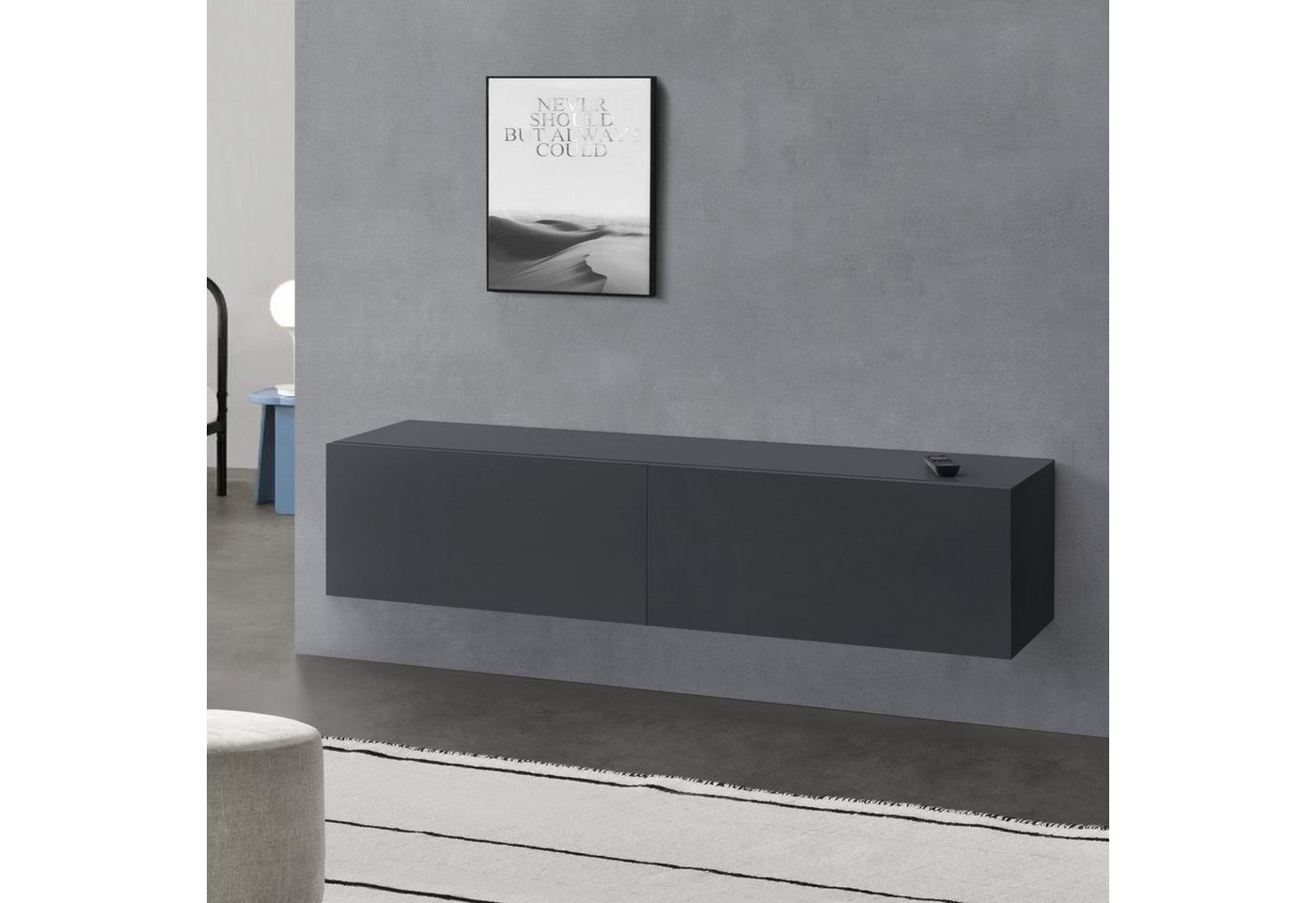 en.casa Hängeschrank »Evaton« mit 2 Klappen 140 x 33 x 30 cm Dunkelgrau, matt