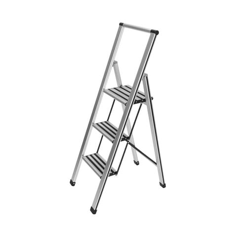 WENKO Trittleiter, 3-stufig, silberfarben matt, Aluminium
