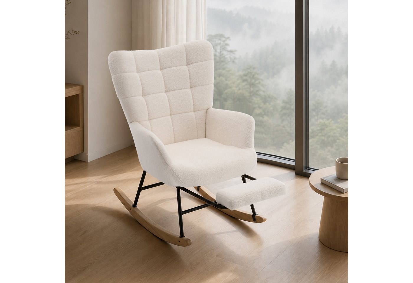 HAUSS SPOLE Schaukelstuhl mit ausziehbarer Fußstütze,Relaxsessel mit Schaukelfunktion,Beige (Relaxsessel Polstersessel mit Fußstützefunktion und Schaukelfunktion), Wohnzimmersessel mit geschwungenen Holzschaukelfüßen