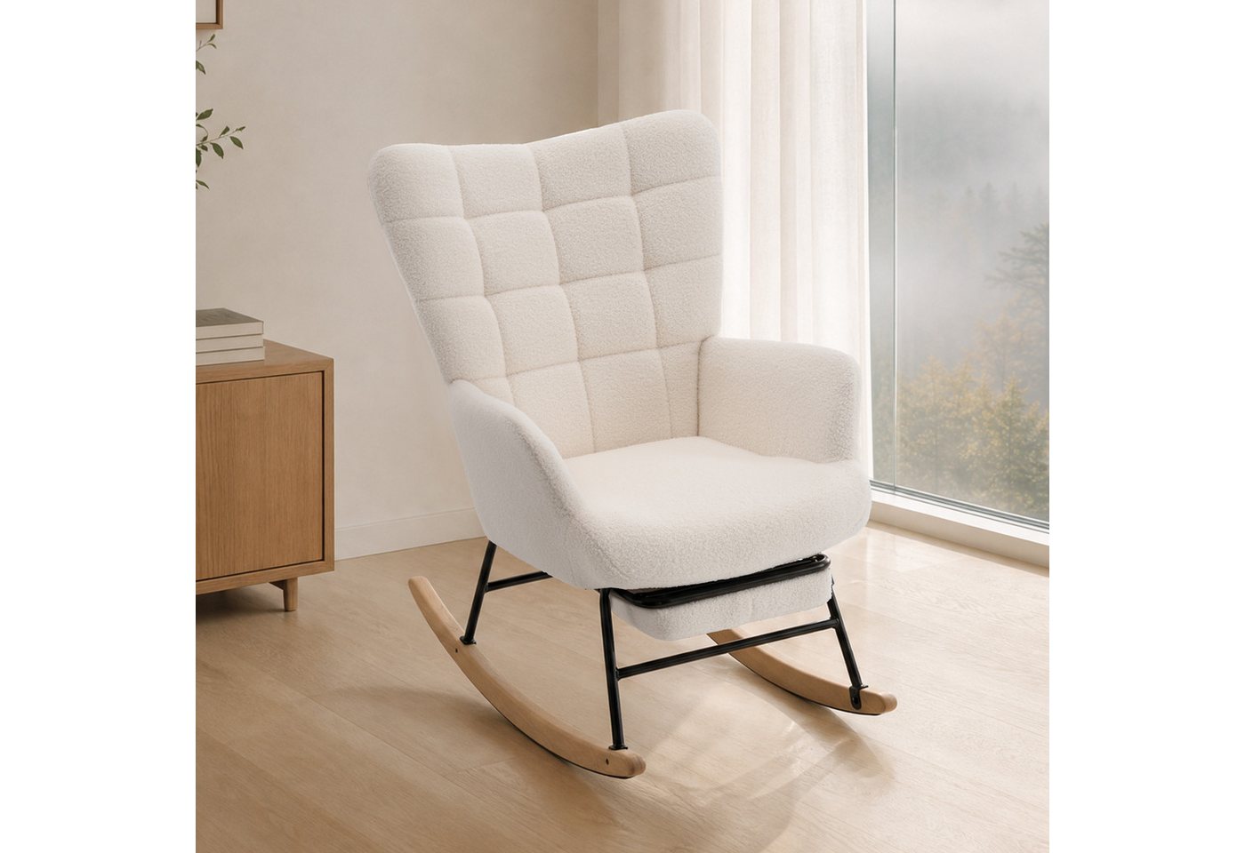 HAUSS SPOLE Schaukelstuhl mit ausziehbarer Fußstütze,Relaxsessel mit Schaukelfunktion,Beige (Relaxsessel Polstersessel mit Fußstützefunktion und Schaukelfunktion), Wohnzimmersessel mit geschwungenen Holzschaukelfüßen Bild 4