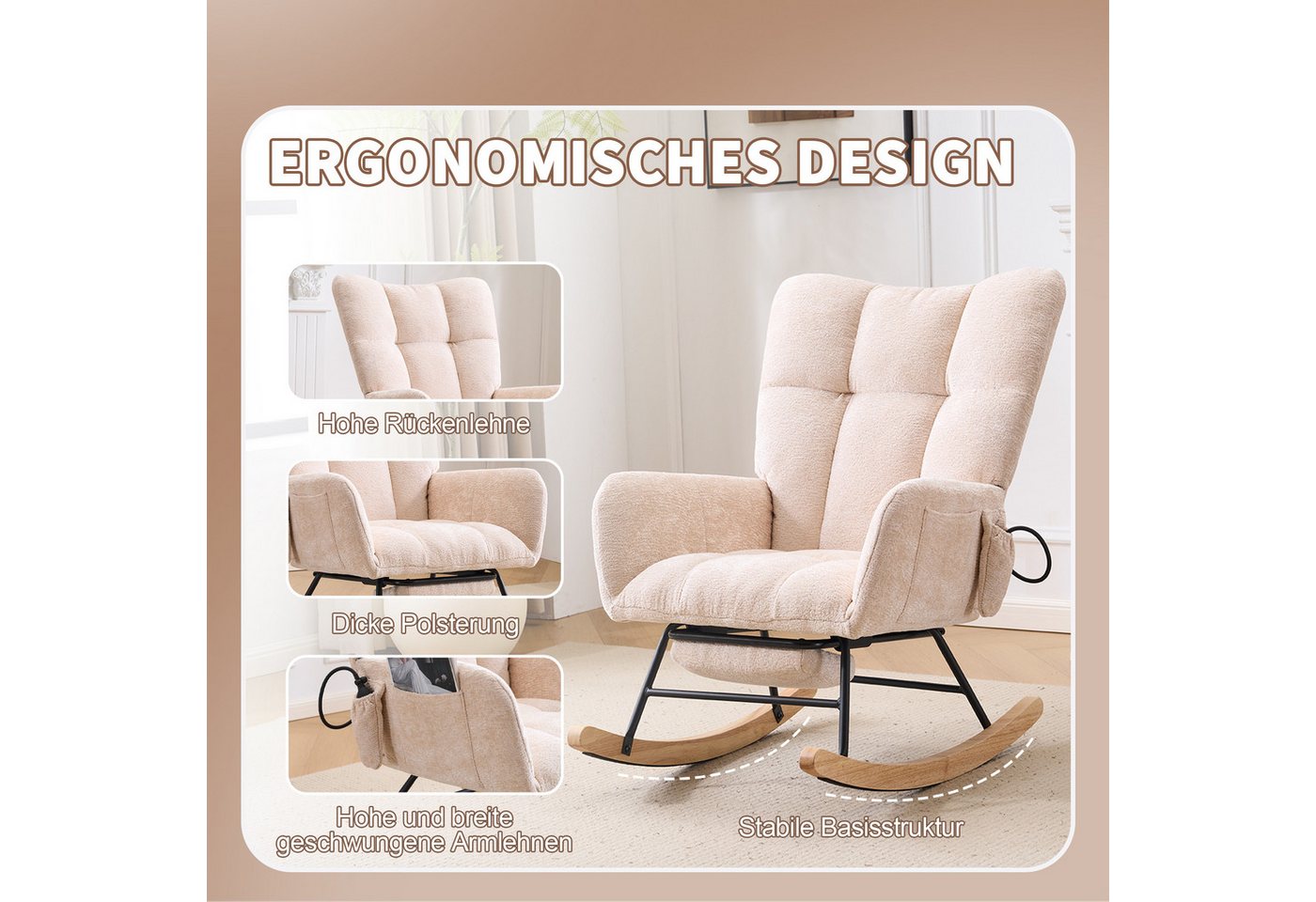 Vankel Schaukelstuhl Schaukelstuhl Wohnzimmer mit Fußstütze & Luftkissen-Rückenlehne, Chenille Relaxsessel mit Stauraum & Komfort Rückenlehne Bild 2